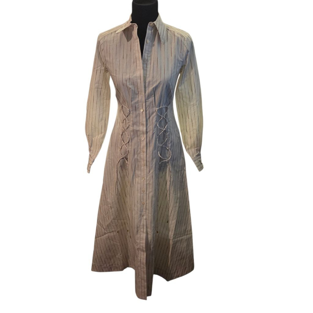 Trina Turk Long Sleeve Striped Shirtdress White Brown XS - Picture 2 of 8